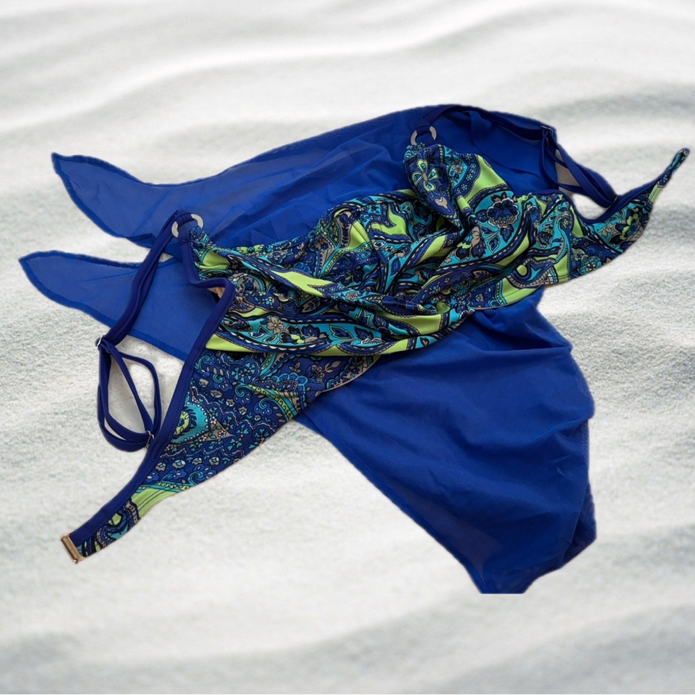 Tara Grinna bikini top with royal blue sheer sarong